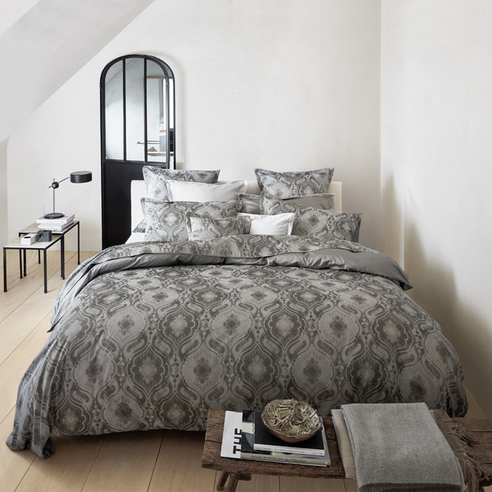 Housse de couette imprimée en satin de coton bio, SHALIMAR, Gris Meteore