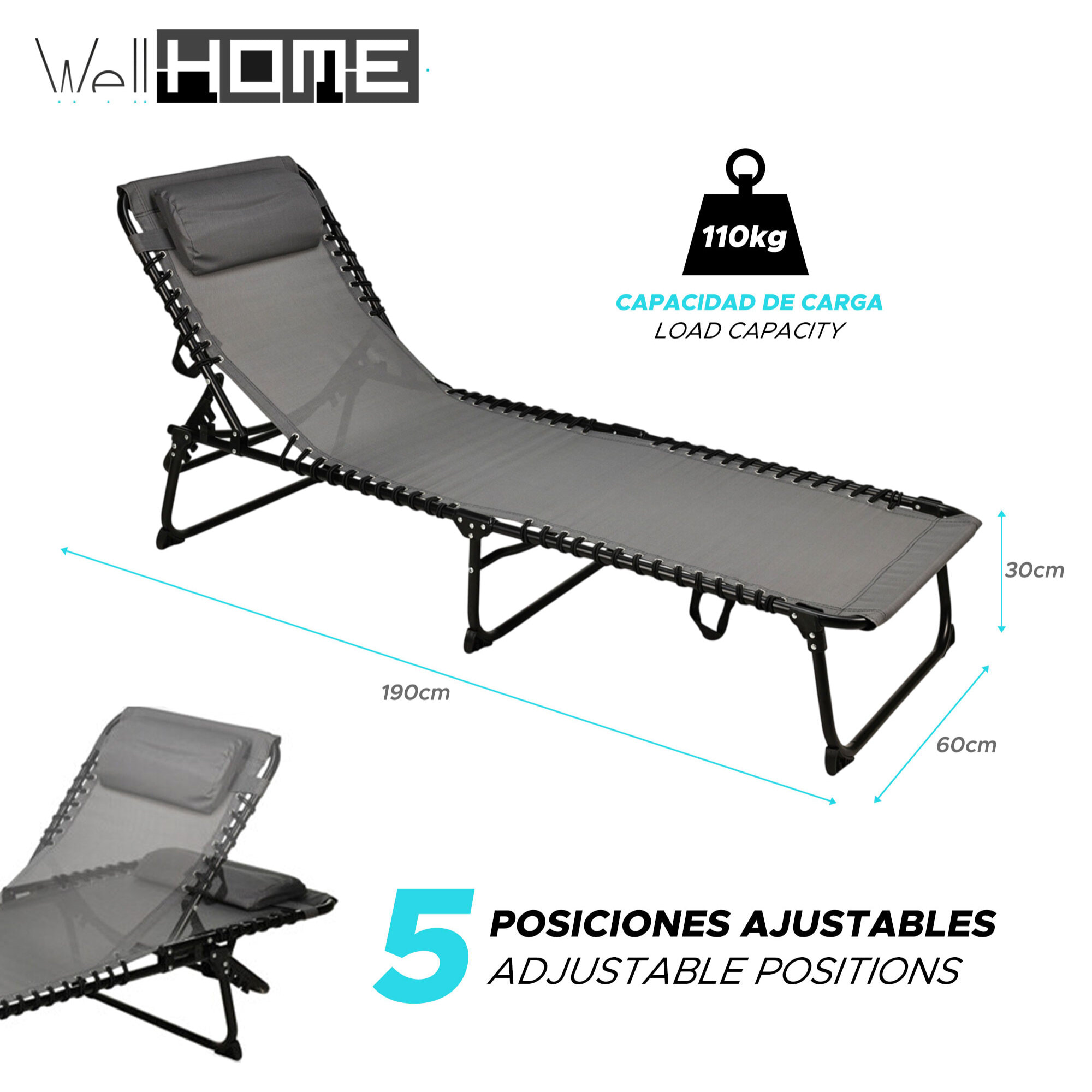 Well Home Tumbona de camping 190x60x30cm Acero Textilene 2x1 negro / gris oscuro hasta 110kg