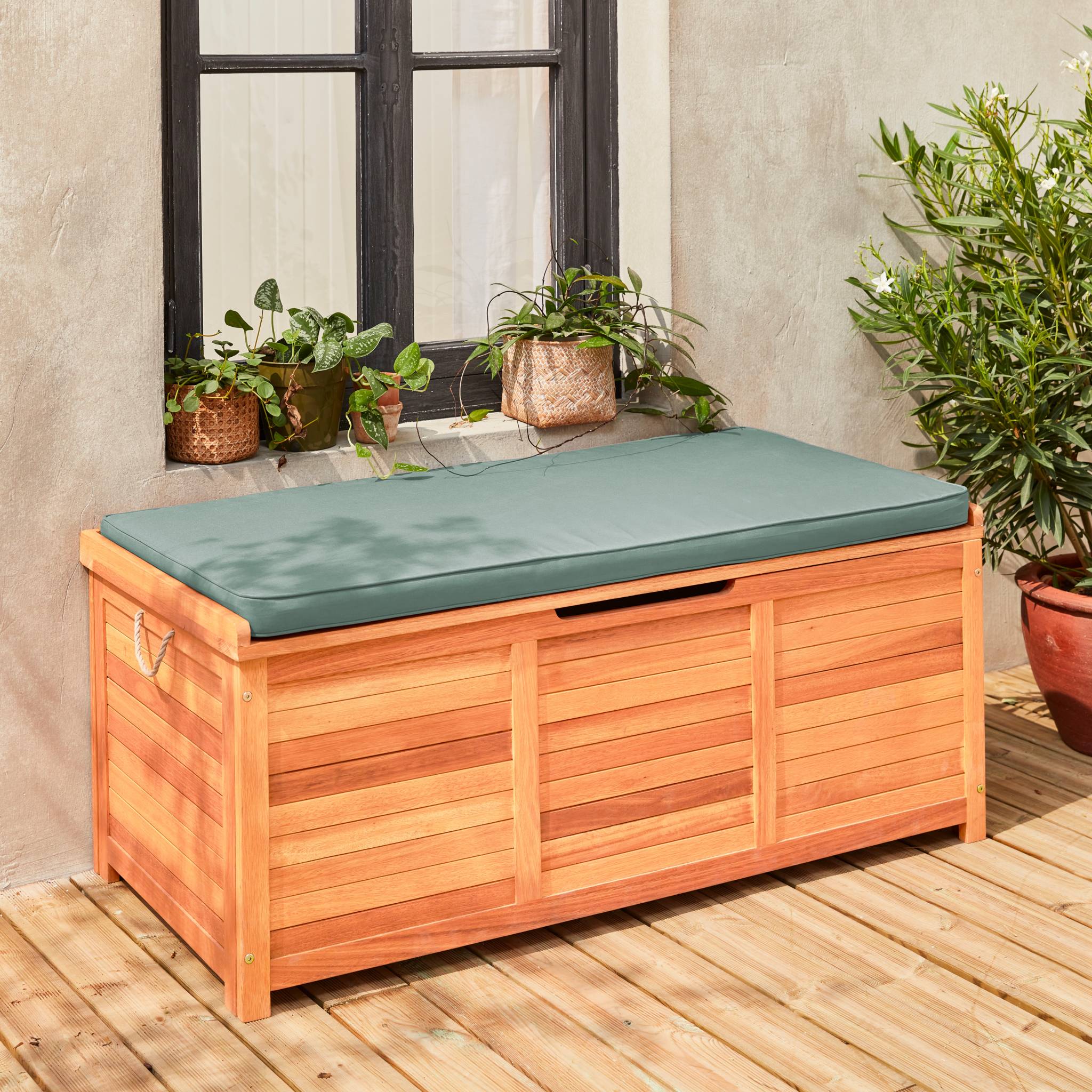 Coffre de jardin 200L en bois - Caja kaki - 125x60cm rangement coussins avec 2 vérins et poignées