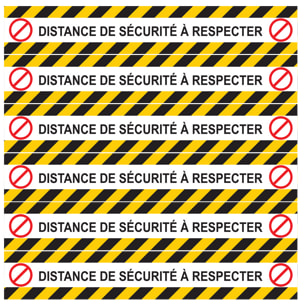 Sticker Sol avec laminat de Protection en Plastique Anti-dérapant | Stickers adhésif Sol - SOL 6 BANDES COVID-19 DISTANCE DE SÉCURITÉ À RESPECTER - 1 sticker