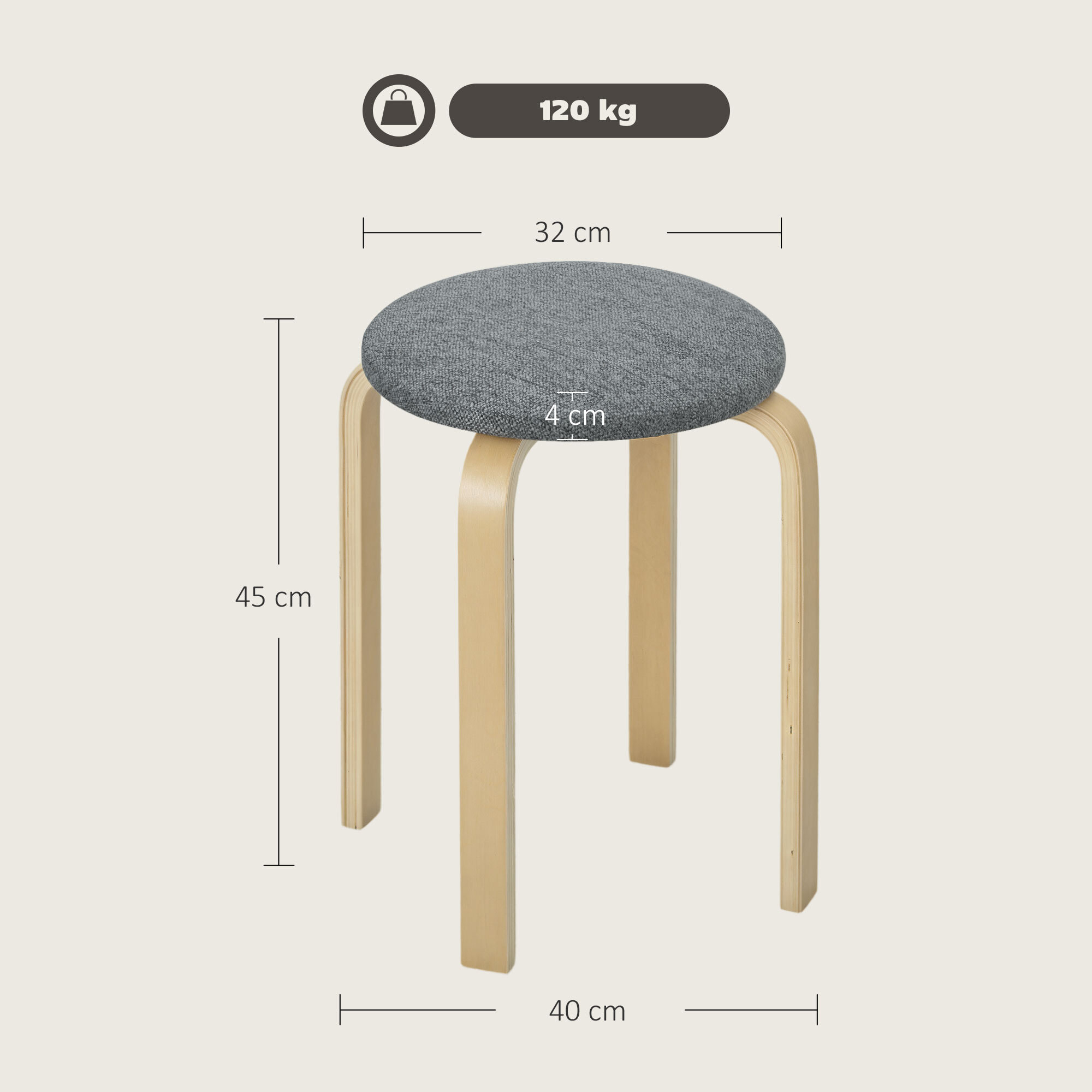 Lot de 4 tabourets empilables assise rembourrée dia.40 x H.45 cm bois clair gris