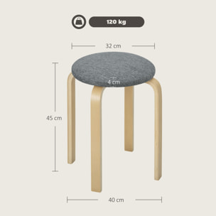 Lot de 4 tabourets empilables assise rembourrée dia.40 x H.45 cm bois clair gris