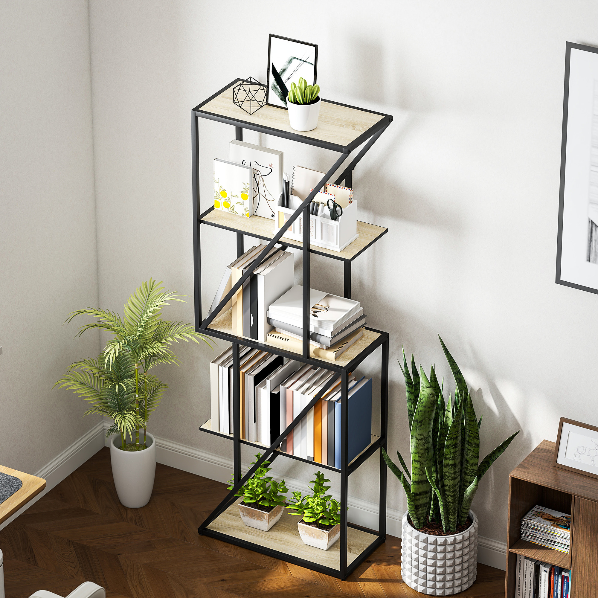 Librería de 5 Niveles, Estantería para Libros Industrial con Estantes Abiertos y Marco de Acero Entrecruzado, para Salón, Dormitorio, Oficina, 60x30x165 cm, Roble