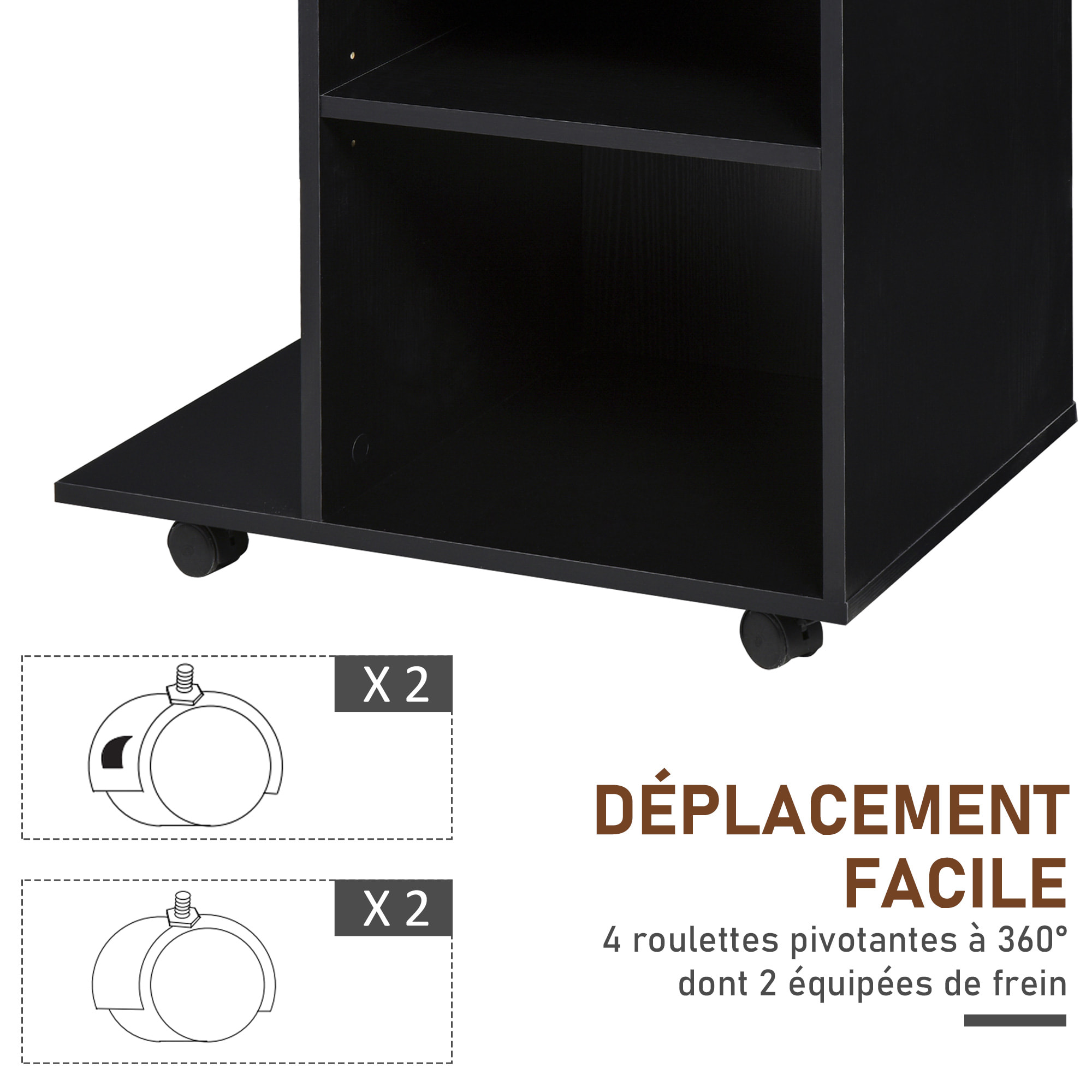 Support d'imprimante organiseur bureau caisson 2 niches tiroir espace CPU + grand plateau panneaux particules noir