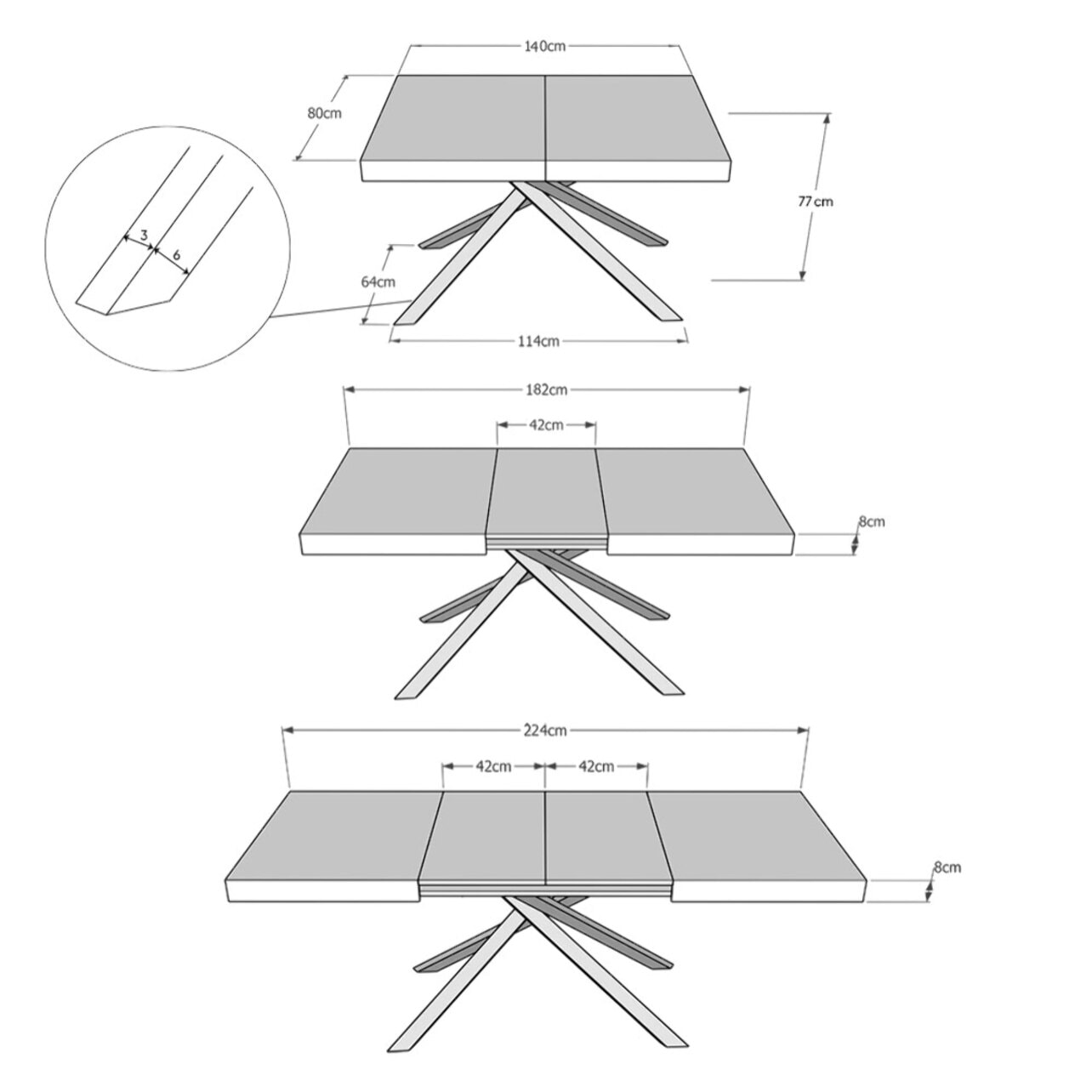 Table extensible 80x140/224 cm Karida chêne nature pieds anthracite