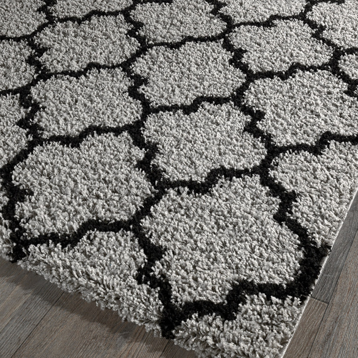 Trellis - tapis shaggy de salon en laine artificielle gris et noir