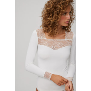 T-shirt a maniche lunghe con dettagli in pizzo avorio
