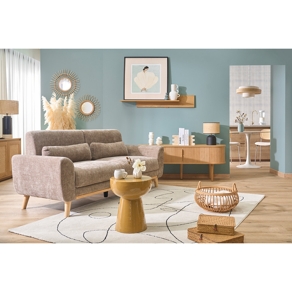 Canapé scandinave 3 places en tissu effet velours texturé taupe et bois clair EKTOR