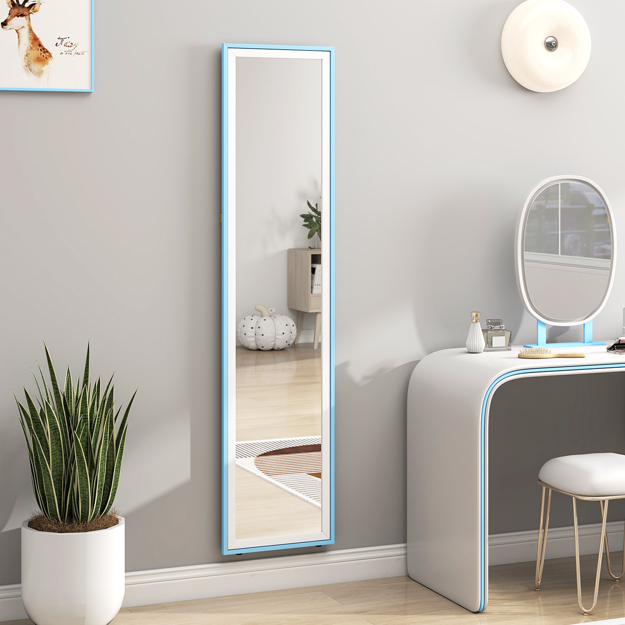 Espejo de Pie Cuerpo Entero 157x37 cm, Espejo Grande de Pared con Marco Bicolor, de Pie, Inclinado o Colgante, para Salón, Dormitorio, Pasillo, Entrada, Blanco y Azul