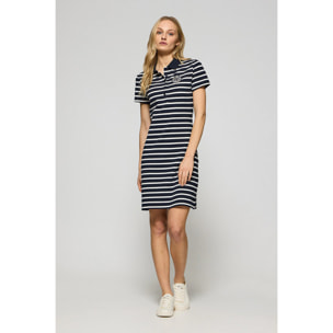 Vestido azul marino de rayas y cuello de polo con parche náutico