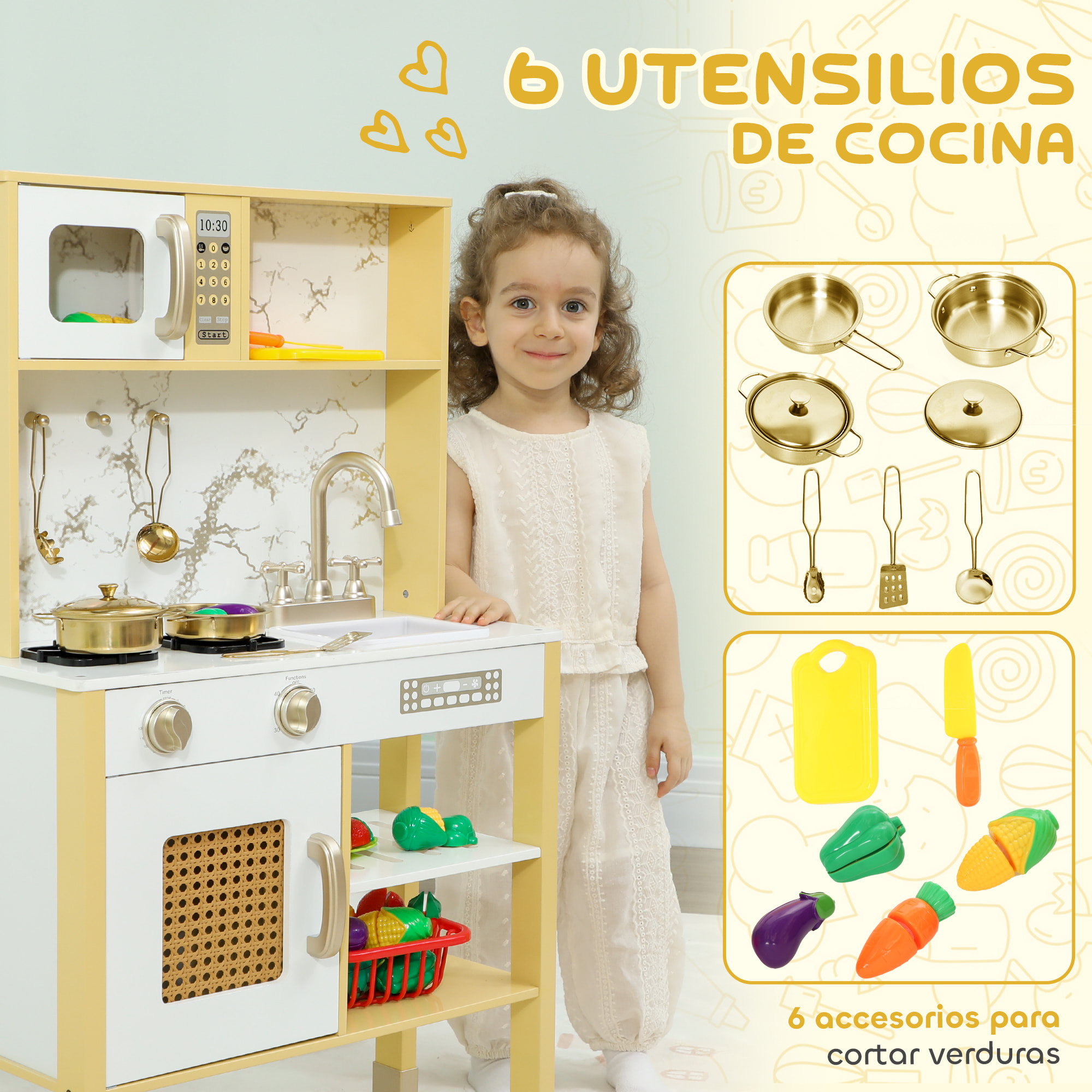 Cocina de Juguete de Madera con Sonido, Cocinita Infantil con Accesorios de Acero Inoxidable, Microondas, Horno, Fregadero, Verduras para Cortar, para Niños a Partir de 3 Años, Dorado