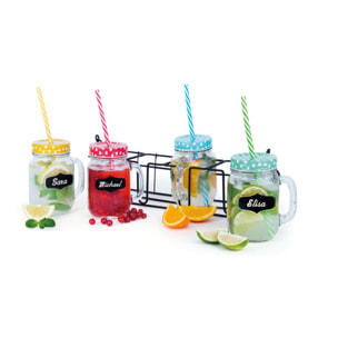 Set de 4 mugs bocal Excelsa – Funny Party, Verre Multicolore avec Couvercle et Paille