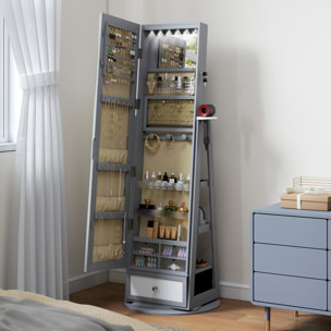 Espejo Joyero con Luces LED, Armario para Joyas, Armario Joyero con Espejo Entero, Giratorio de 360°, Cajón, Cerradura, Estantes Abiertos, Soporte para Secador, Gris Claro