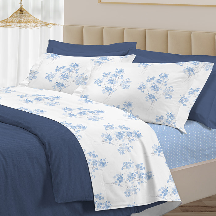 Completo letto primavera azzurro 100% cotone