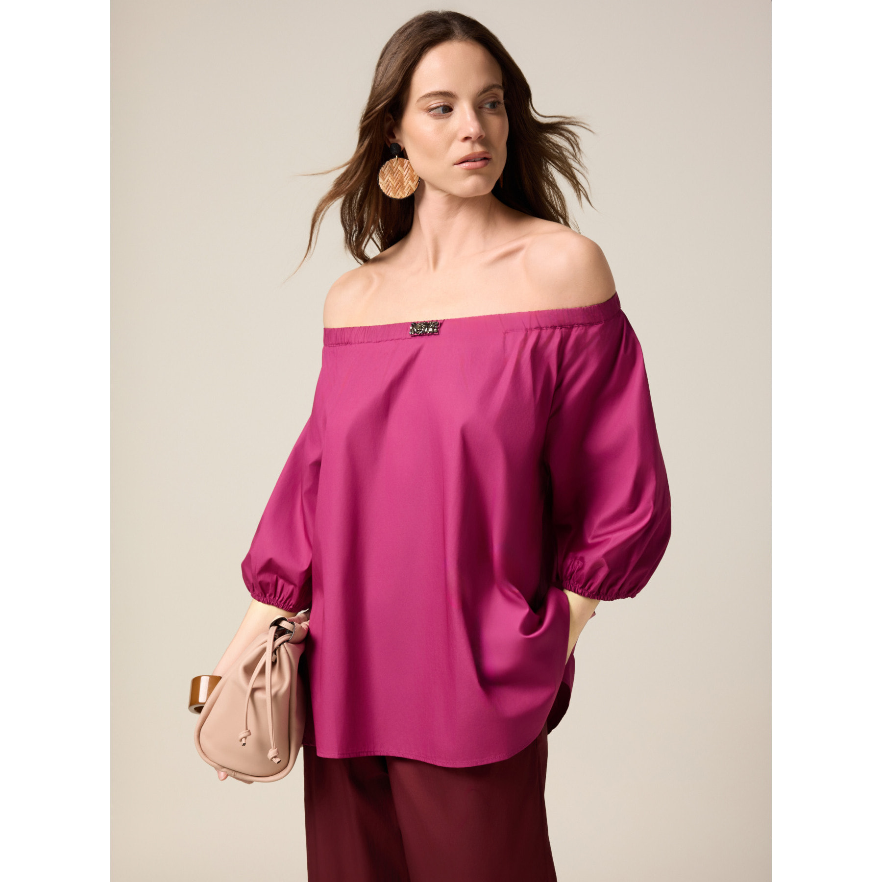 Oltre - Blusa off shoulders in cotone - Fucsia