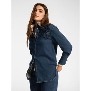 Elena Mirò - Camicia lunga in denim con ricamo - Blu