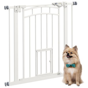 Barrera de Seguridad para Perros Extensible 74-80 cm, para Puertas y Escaleras, Barrera para Perros con Montaje a Presión, Puerta Pequeña y Doble Bloqueo, Blanco