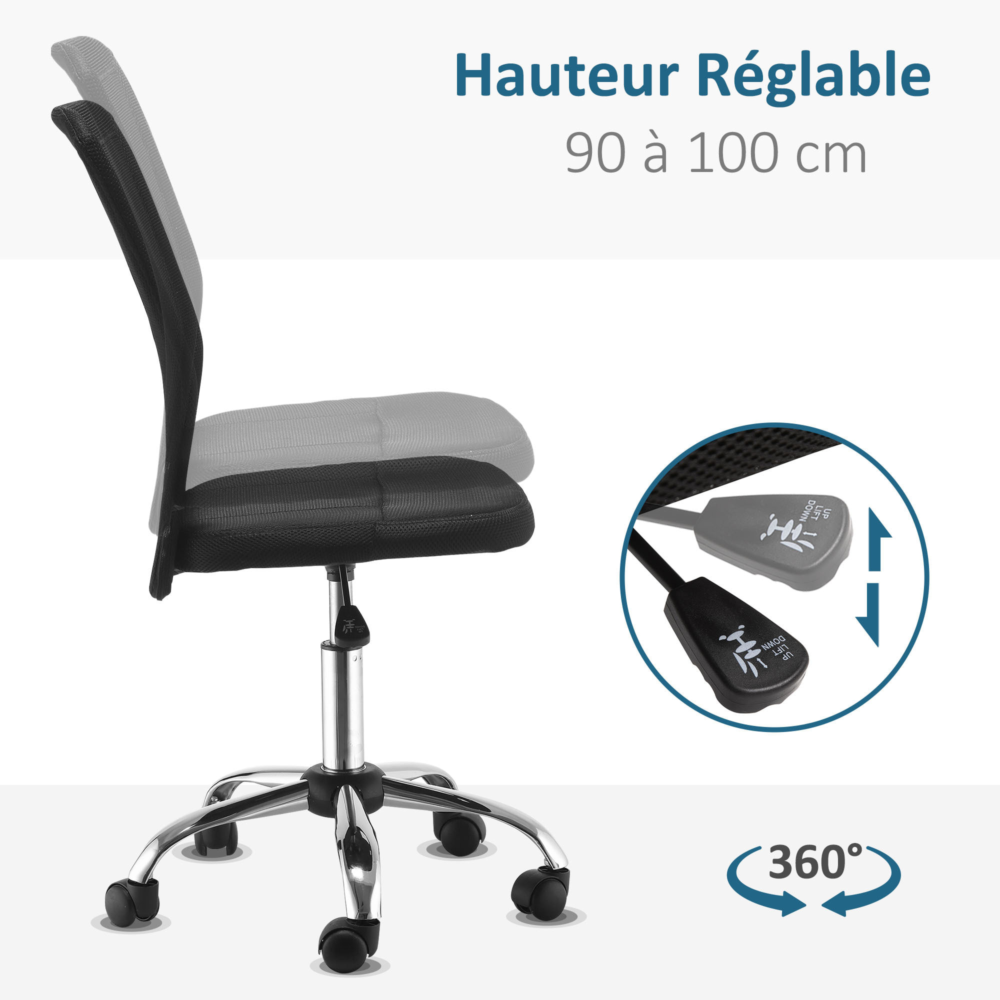 Vinsetto Chaise de bureau ergonomique hauteur réglable piètement chromé pivotant 360° revêtement maille noir