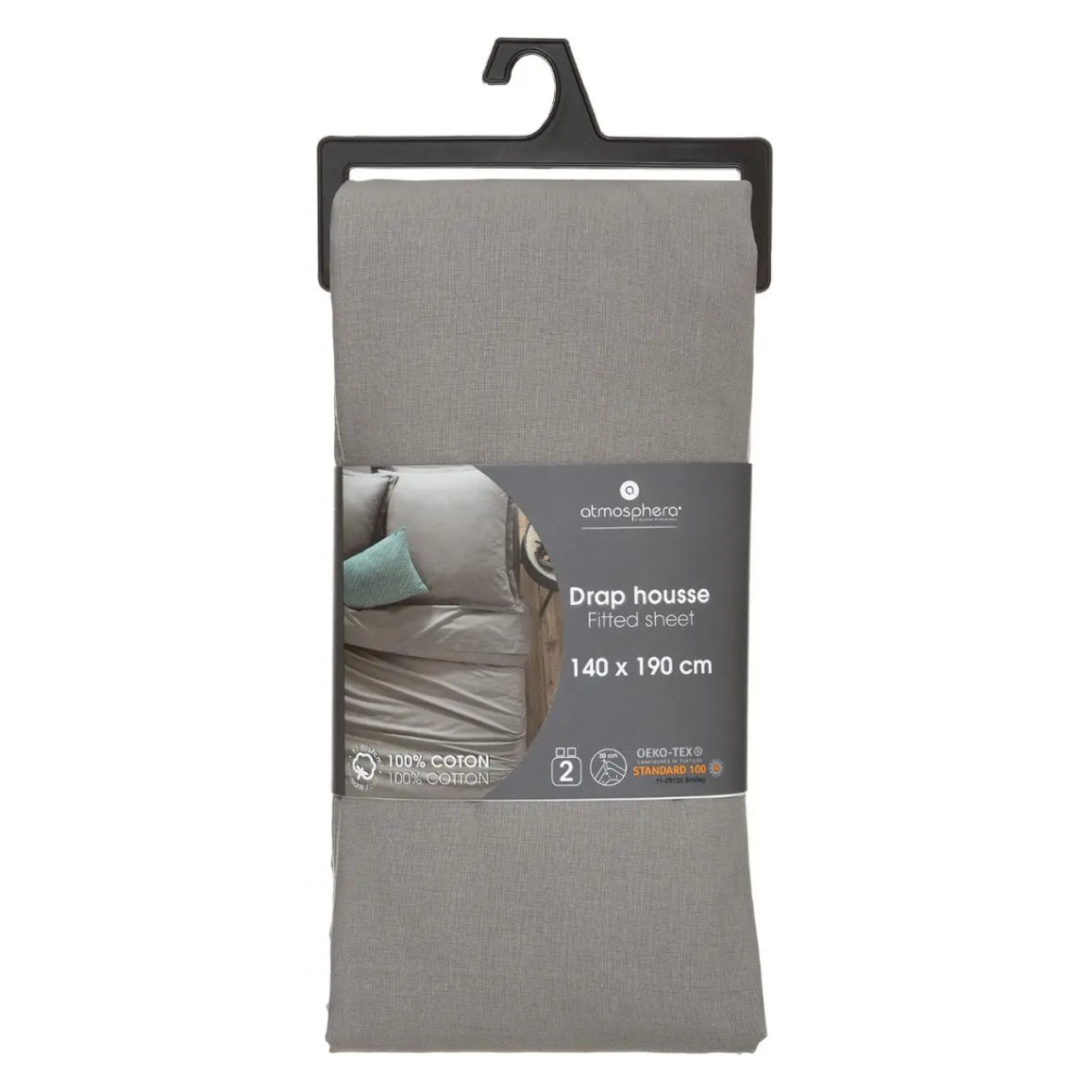 Drap-housse en coton - gris - bonnet H30cm - 140x190 cm