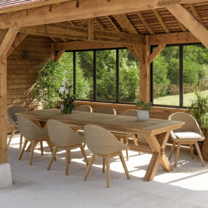 KALLY - Ensemble de jardin (table L3.20m) en bois teck recyclé rotin synth. 8/10 pers