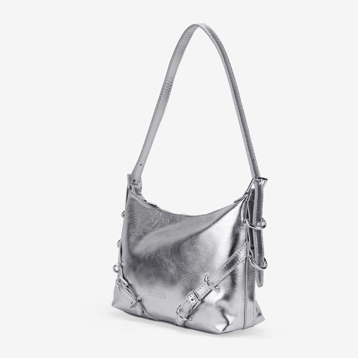 Bolso de hombro plateado con hebillas y cremallera