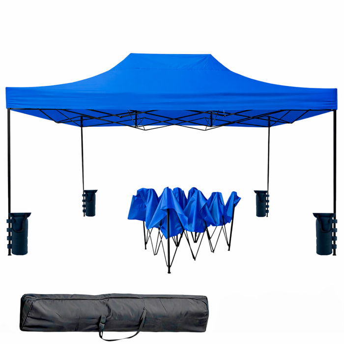 Gazebo Professionale 3x4.5 M Richiudibile Automatico In Acciaio E Telo Oxford 1200D PVC Impermeabile Anti UV Struttura a Fisarmonica con Sacche Blu