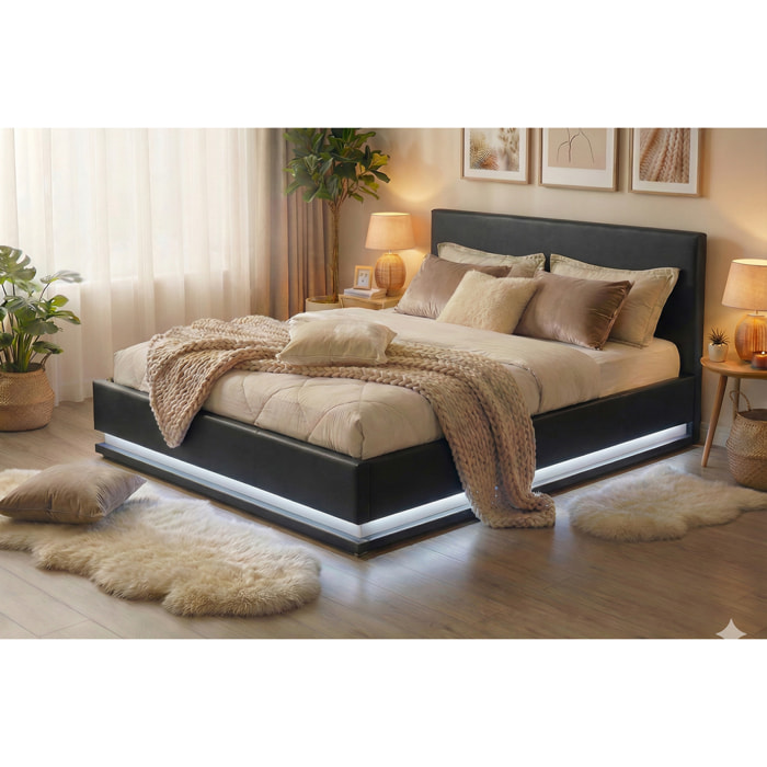 Structure de lit LED avec rangements 140 x 190 cm noir ALICANTE