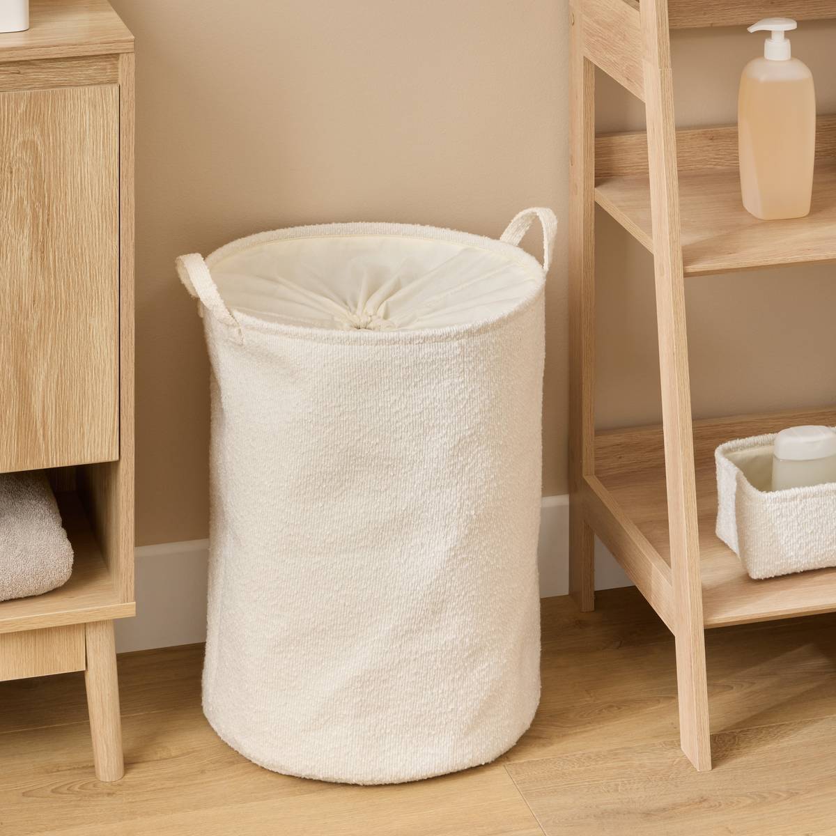 Panier à linge bouclette rond pliable 56L blanc