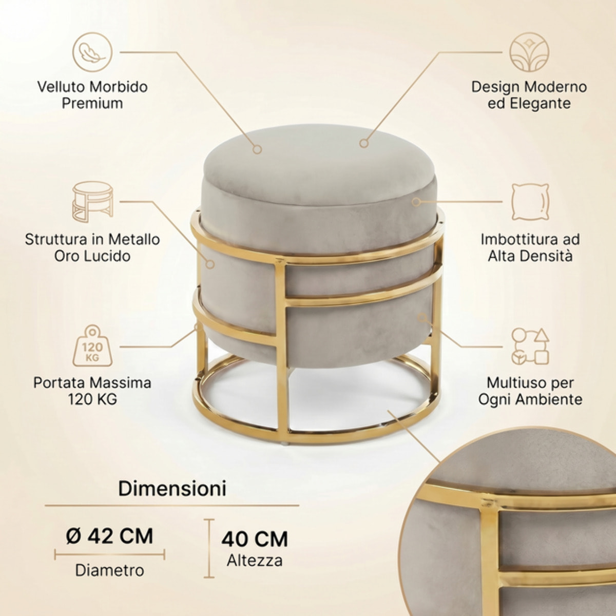 Pouf Contenitore Rotondo in Velluto con Coperchio e Base in Acciaio Dorata, Seduta Imbottita con Vano Contenitore dallo Stile Elegante per Soggiorno, Camera da Letto e Ingresso
