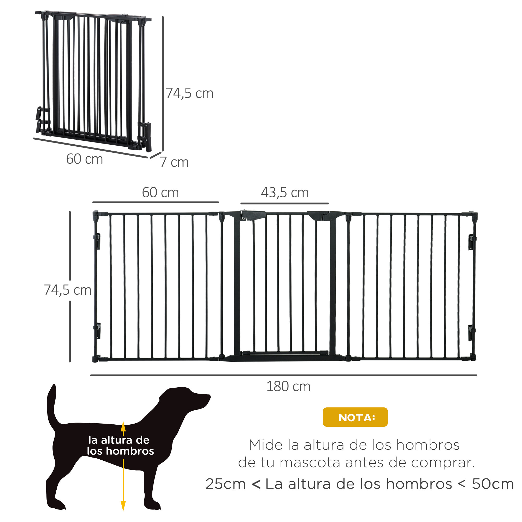 Barrera de Seguridad para Mascotas Rejilla de Protección Plegable de 3 Paneles con Cierre Inteligente para Escalera Pasillo 180x74,5 cm Negro