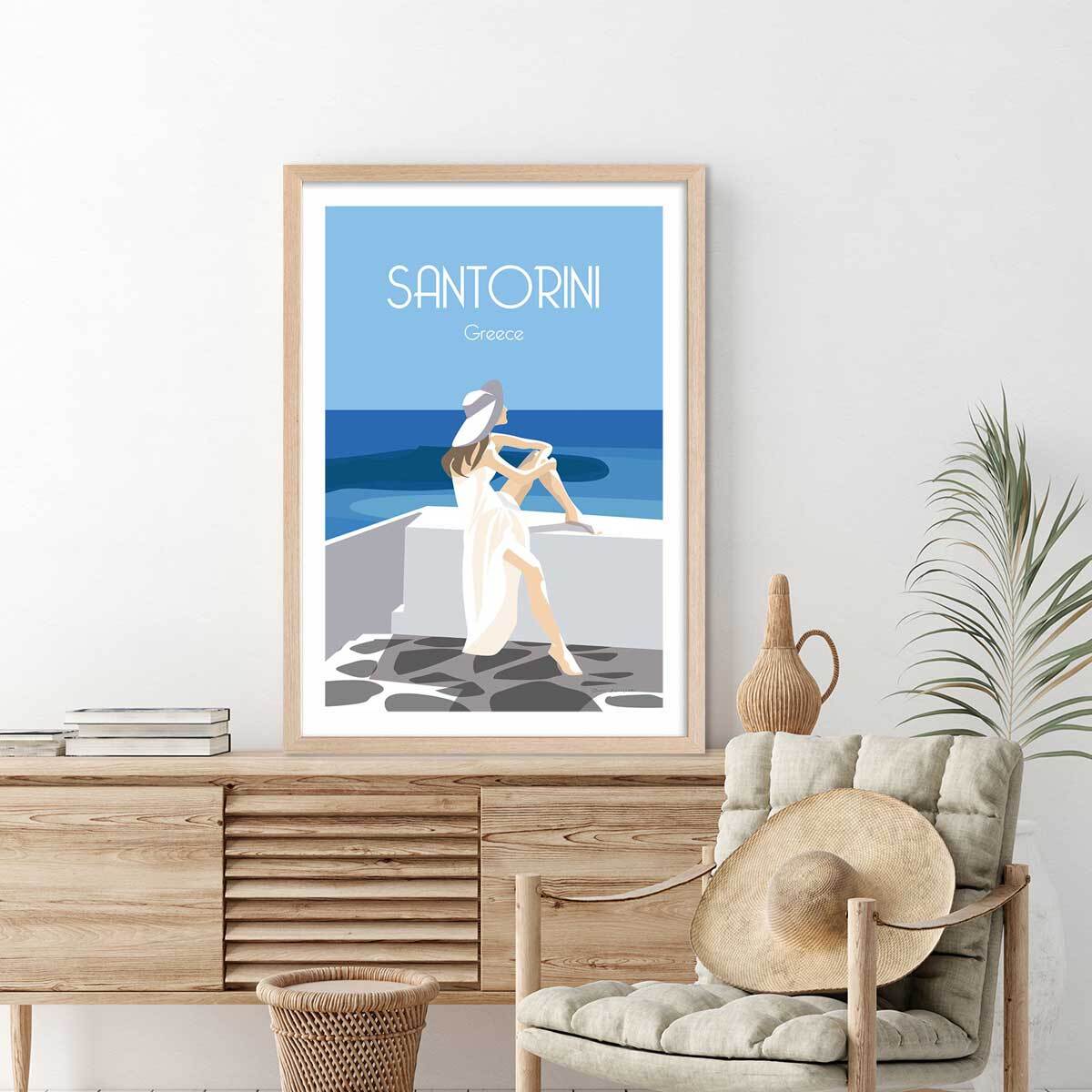 Affiche voyage Le bleu de Santorin Affiche + cadre en bois - Chêne