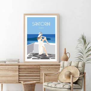 Affiche voyage Le bleu de Santorin Affiche + cadre en bois - Chêne