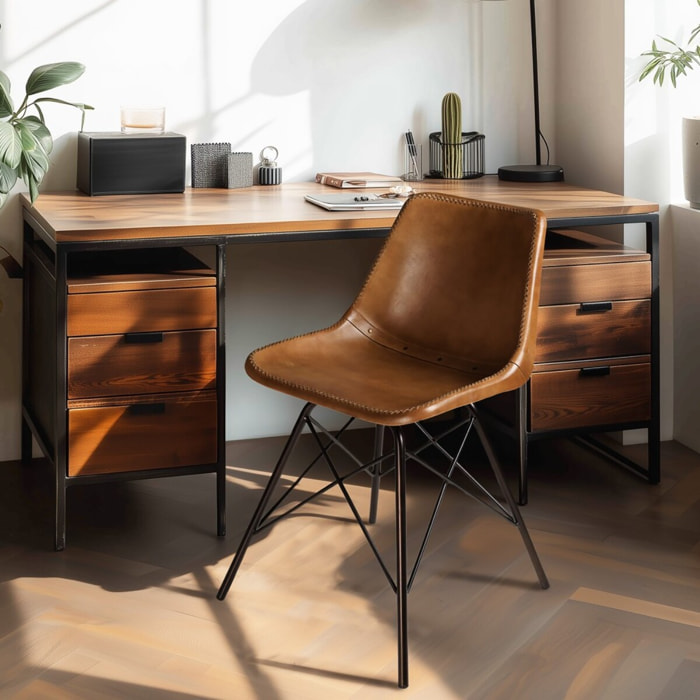 MARCEL - Lot de 2 chaises en cuir marron et pieds acier