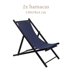 Set de 2 hamacas de madera de haya plegable sin brazos color estructura color wengué y lona color azul oscuro