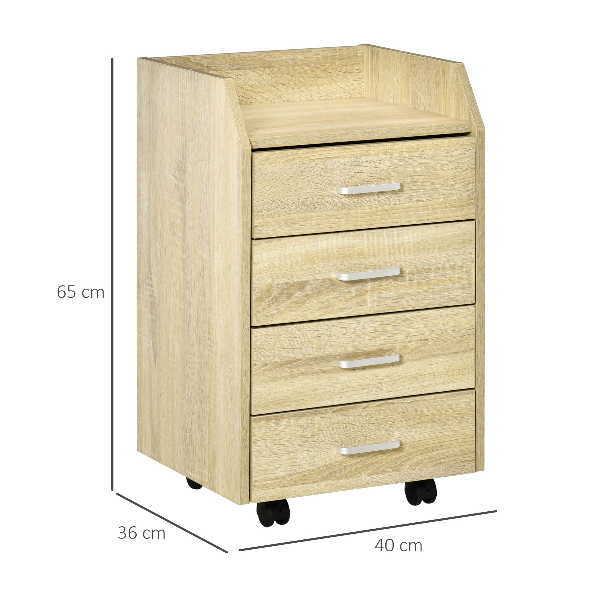 Cajonera de Oficina Mueble Auxiliar para Archivos con 4 Cajones Encimera Superior de Almacenaje 4 Ruedas y 2 Frenos para Estudio Despacho 40x36x65 cm Natural