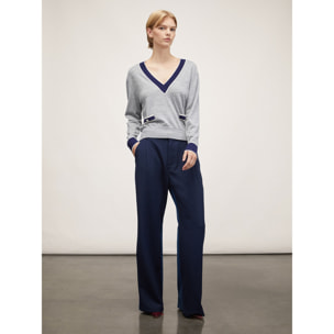 Motivi - Pantalón modelo palazzo estampado de raya diplomática y aplicación de tejido vaquero - Azul
