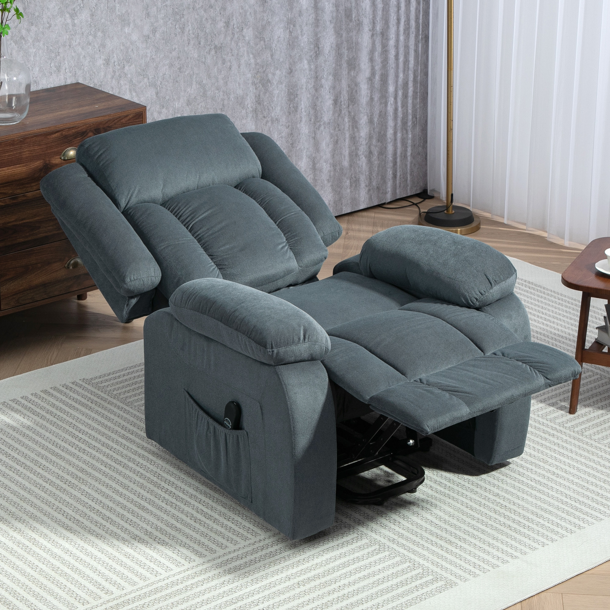 Sillón Relax Reclinable Eléctrico Levanta Personas, con Puerto USB, Sillón Elevador, con Control Remoto, Asiento Ancho, Reposapiés, Tapizado en Terciopelo, Bolsillos Laterales, Gris