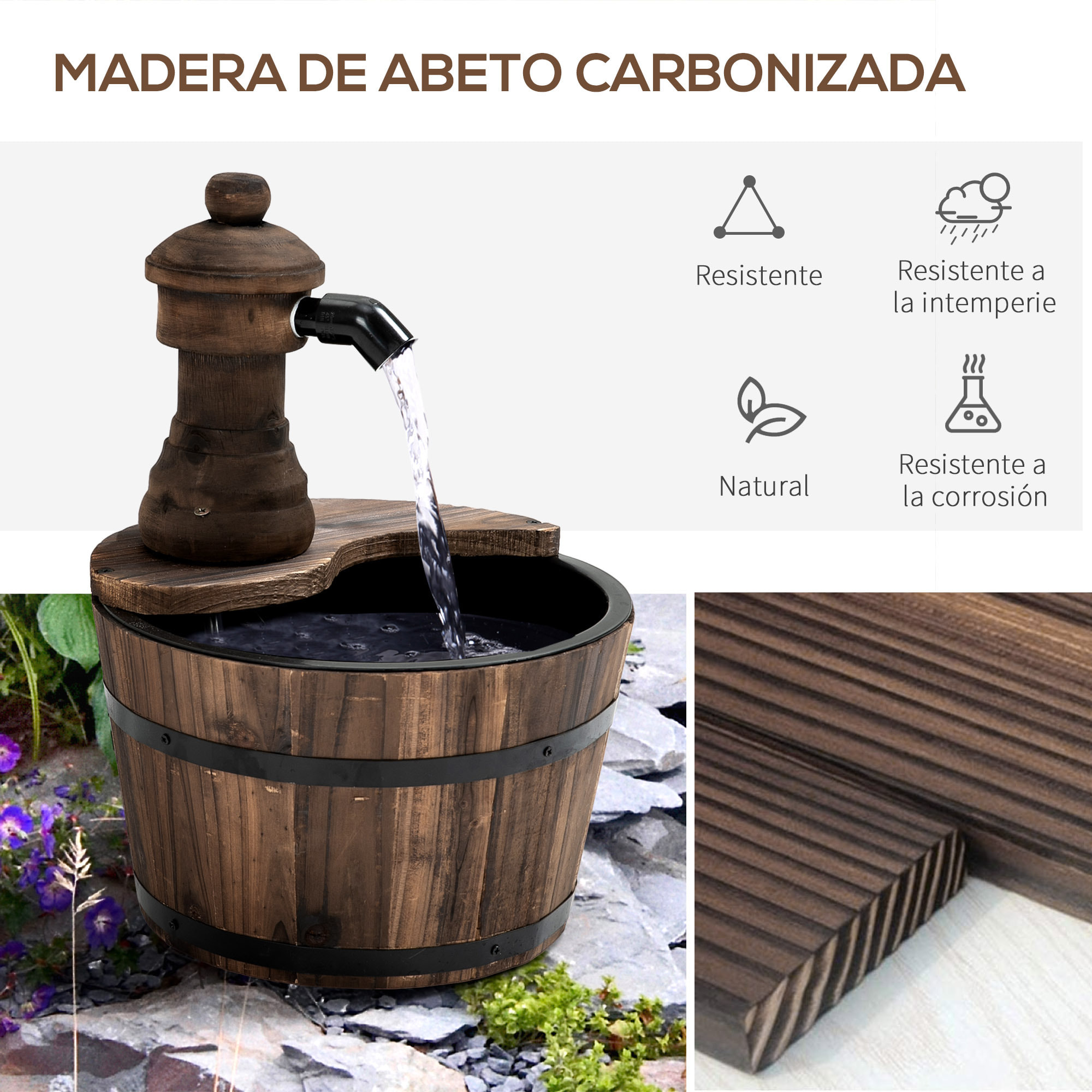 Fuente de Agua de Madera Fuente de Jardín en Cascada con Bomba Eléctrica y Salida de Agua Ajustable para Decoración Patio Terraza 27x27x37 cm Natural