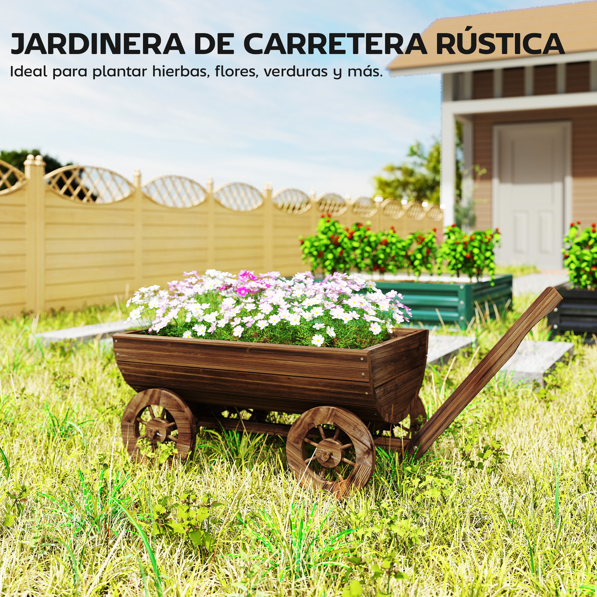 Carrito de Madera Decorativa con 4 Ruedas y Mango, Jardinera Exterior Móvil con Orificio de Drenaje, Macetero Exterior para Cultivos, Plantas, Jardín, Terraza, 115x40x54,5 cm, Carbonizado