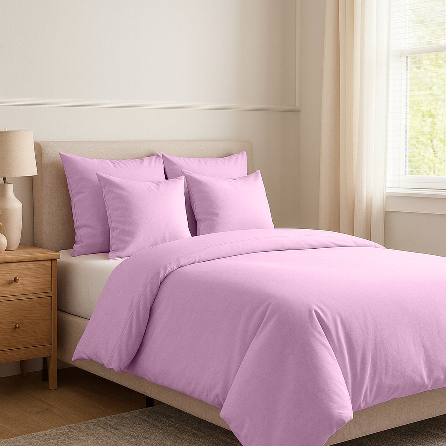 Parure housse de couette + 2 taies unie en coton 57 fils rose