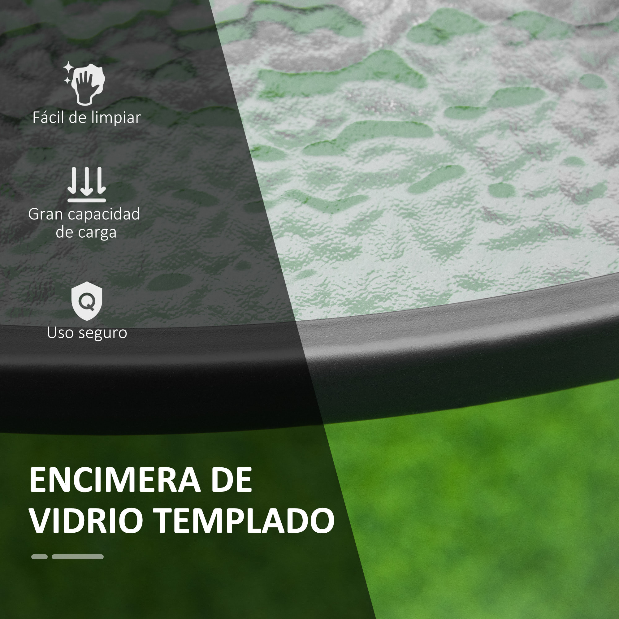 Mesa de Cristal de Jardín con Agujero para Sombrilla Mesa para Comer Redonda con Marco de Acero para Exterior Terraza Balcón Ø106,5x71 cm Negro