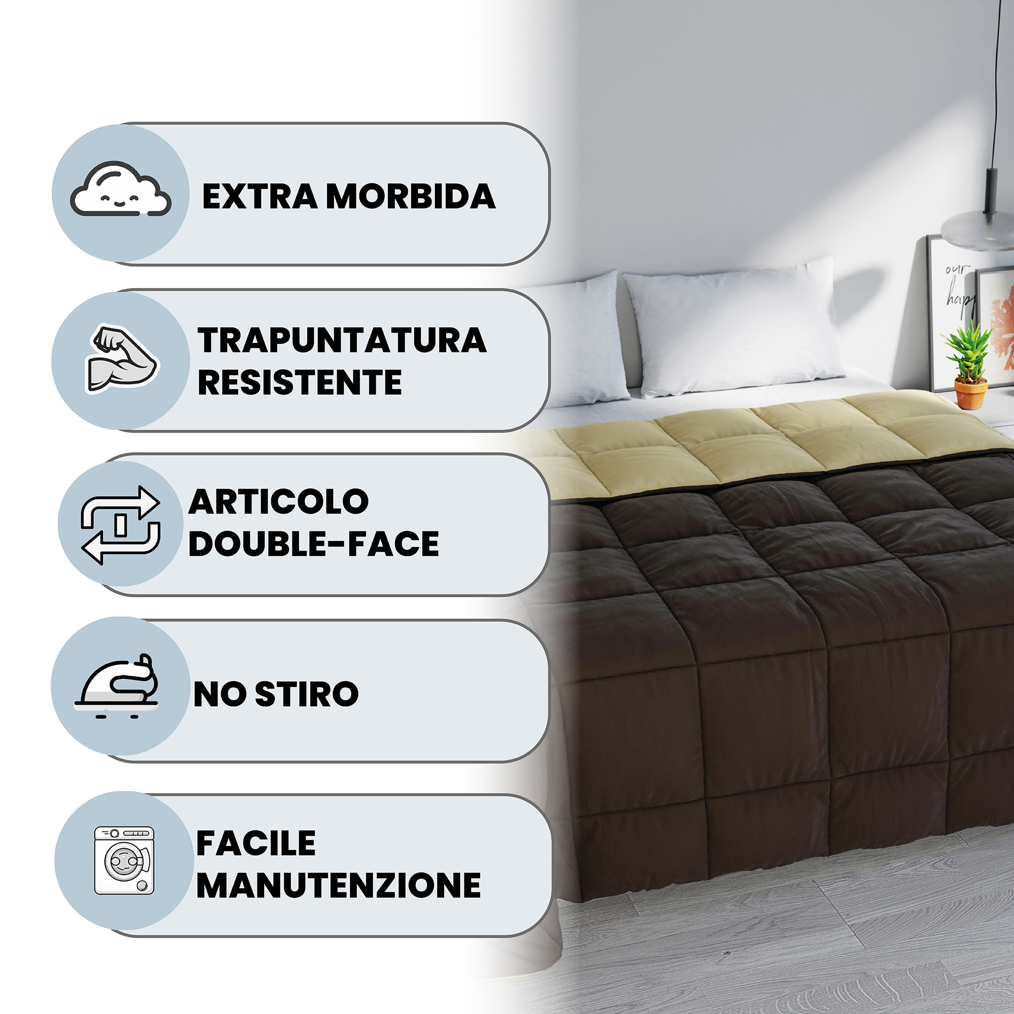 TRAPUNTA INVERNALE ELEGANT, 300gr, Microfibra, Doubleface, Made in Italy - MARRONE/PANNA
