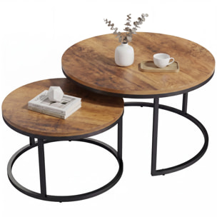 HOMCOM Set de 2 Mesas de Centro Redondas, Mesas Nido Industriales con Estructura Metálica para Salón, Dormitorio u Oficina, 60x60x 45 cm, Marrón