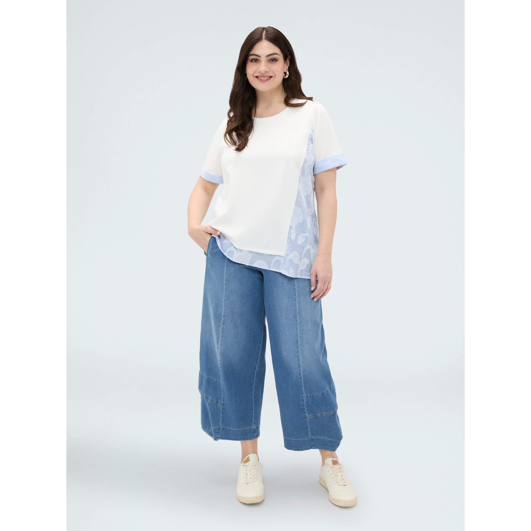 Fiorella Rubino - T-shirt in jersey con inserti a righe - Bianco