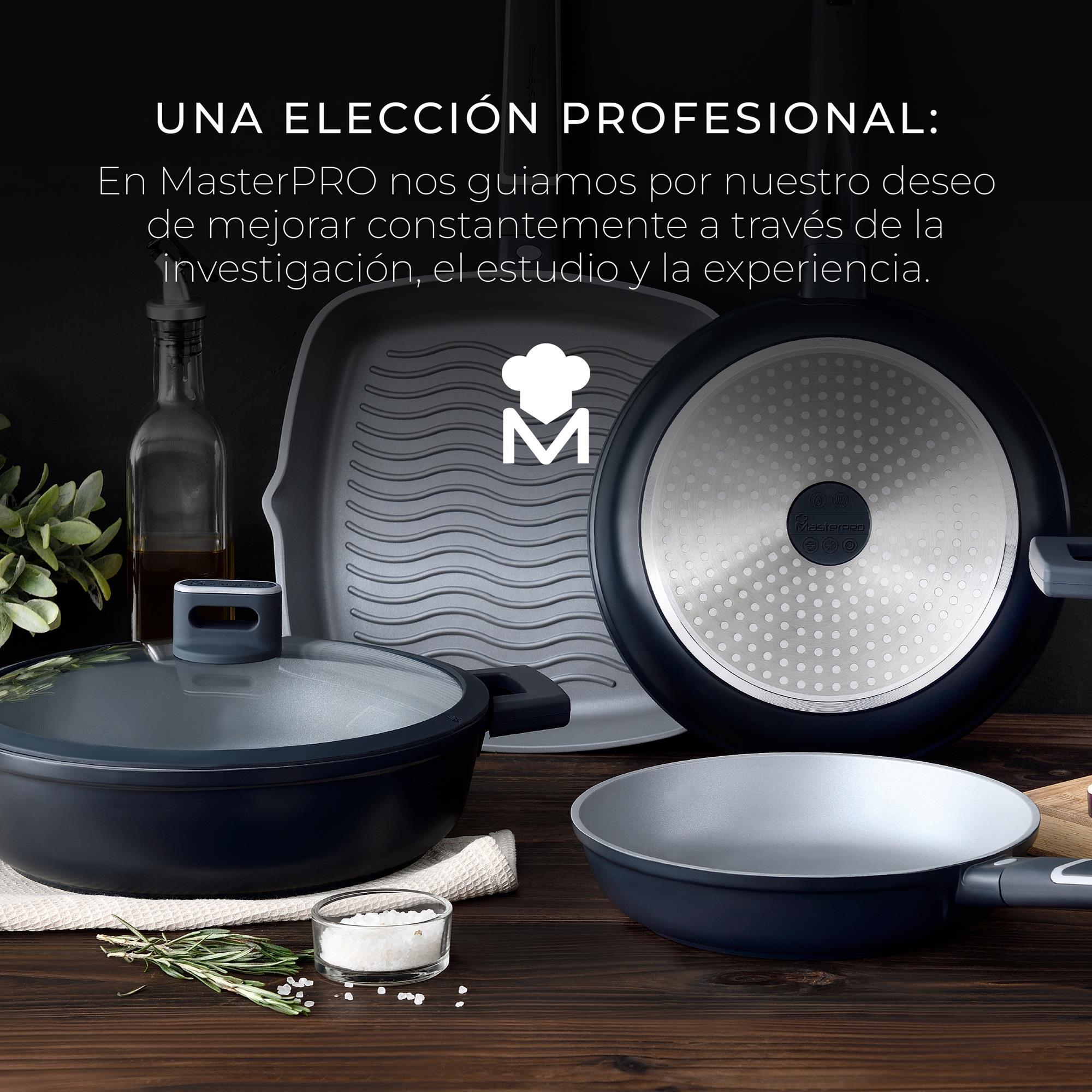 Batería de cocina de 17 piezas índigo en aluminio fundido con sartenes, wok, parrilla, cacerolas y cazo con tapas masterpro