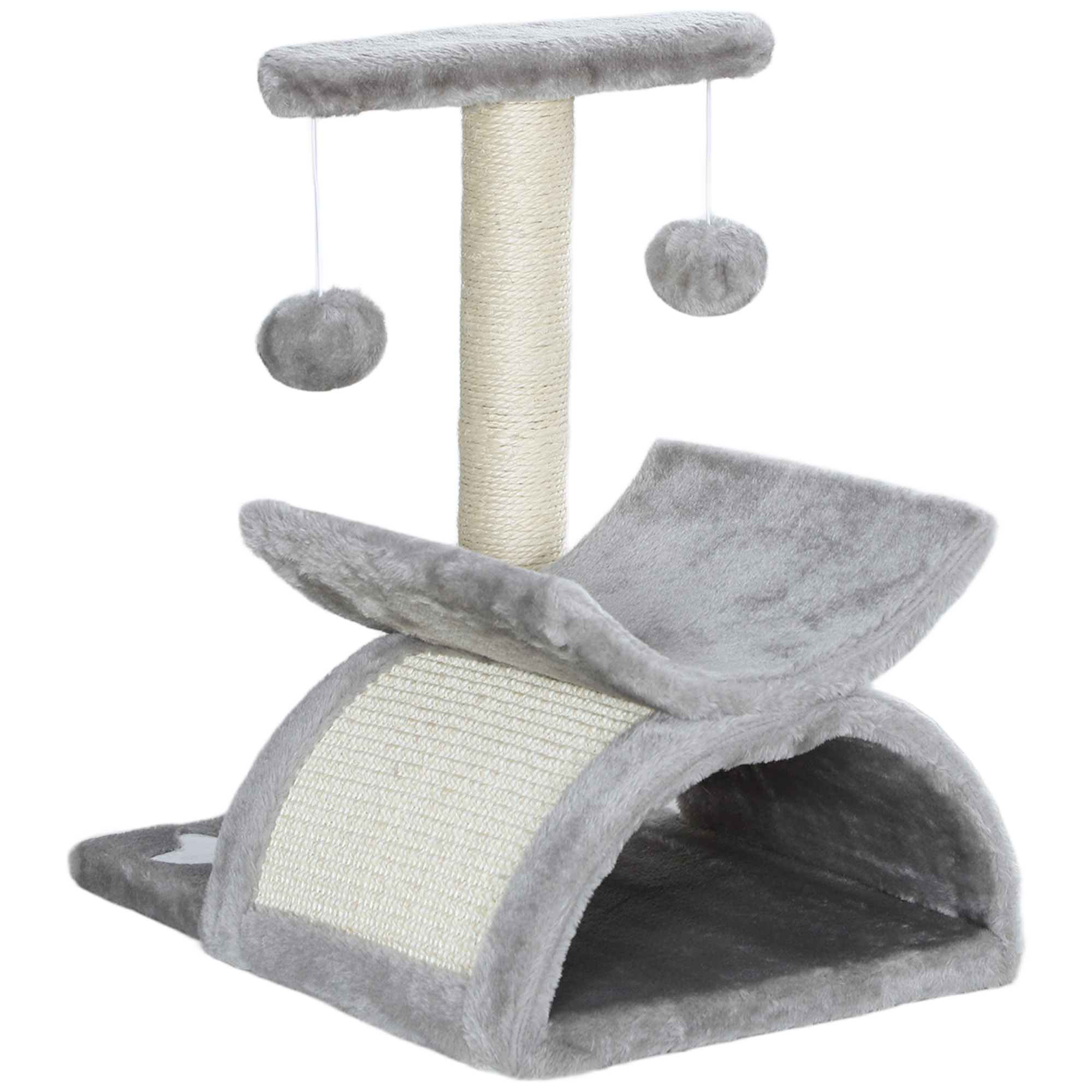 Arbre à chat design - griffoir, grattoir - jeu 2 boules rotatif, panier, tunnel - sisal peluche grise