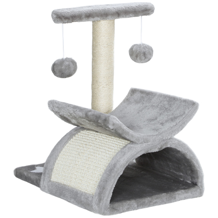 Arbre à chat design - griffoir, grattoir - jeu 2 boules rotatif, panier, tunnel - sisal peluche grise