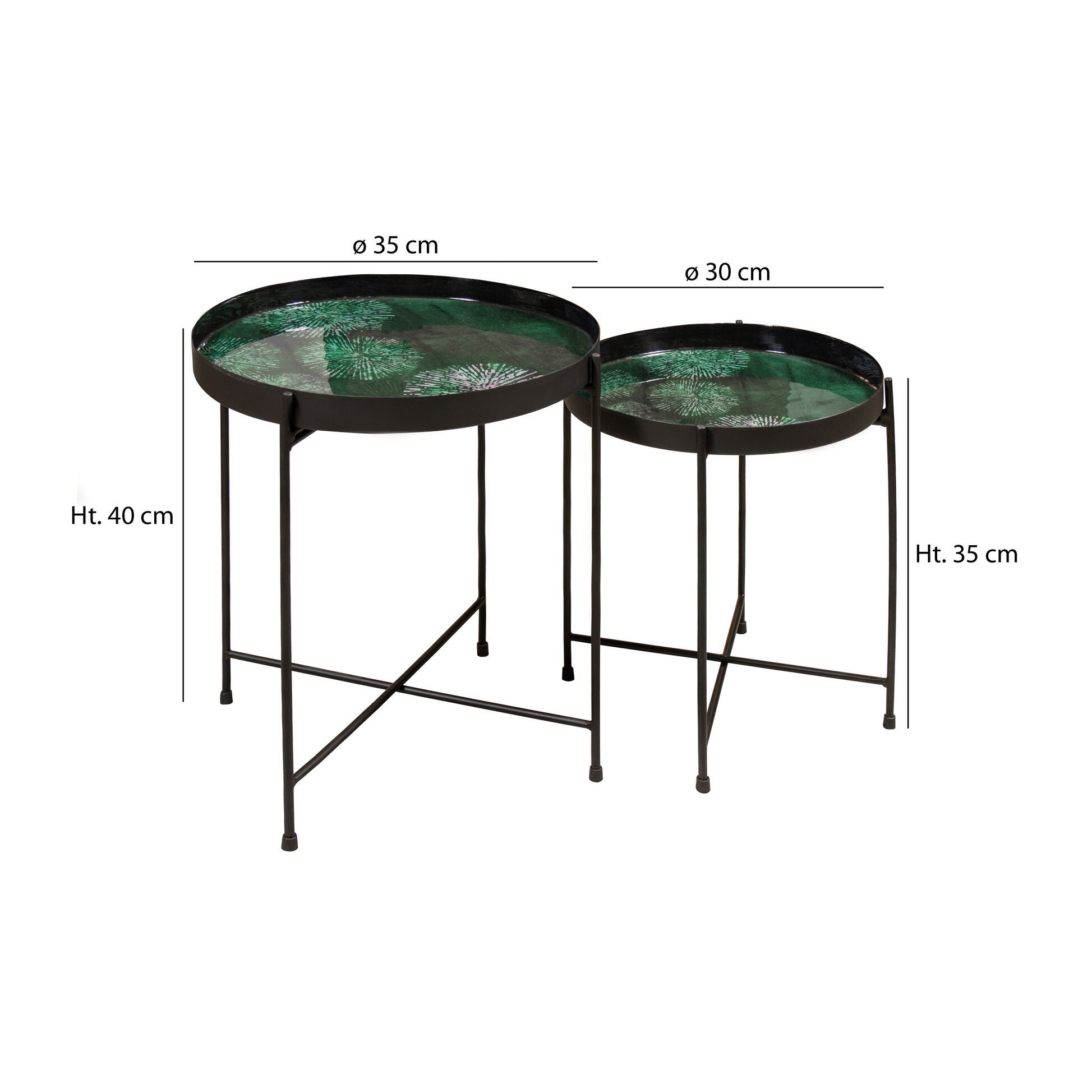 Set de 2 tables d'appoint avec plateau émaillé vert GELA