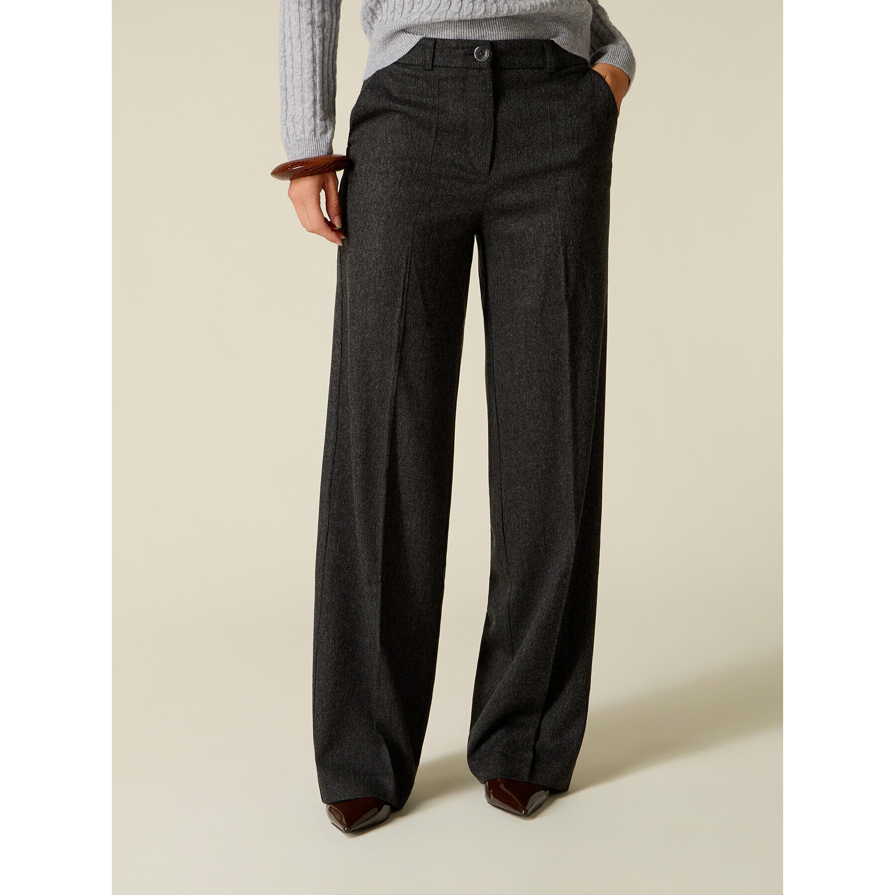 Oltre - Pantalones palazzo de franela con bolsillos - Gris
