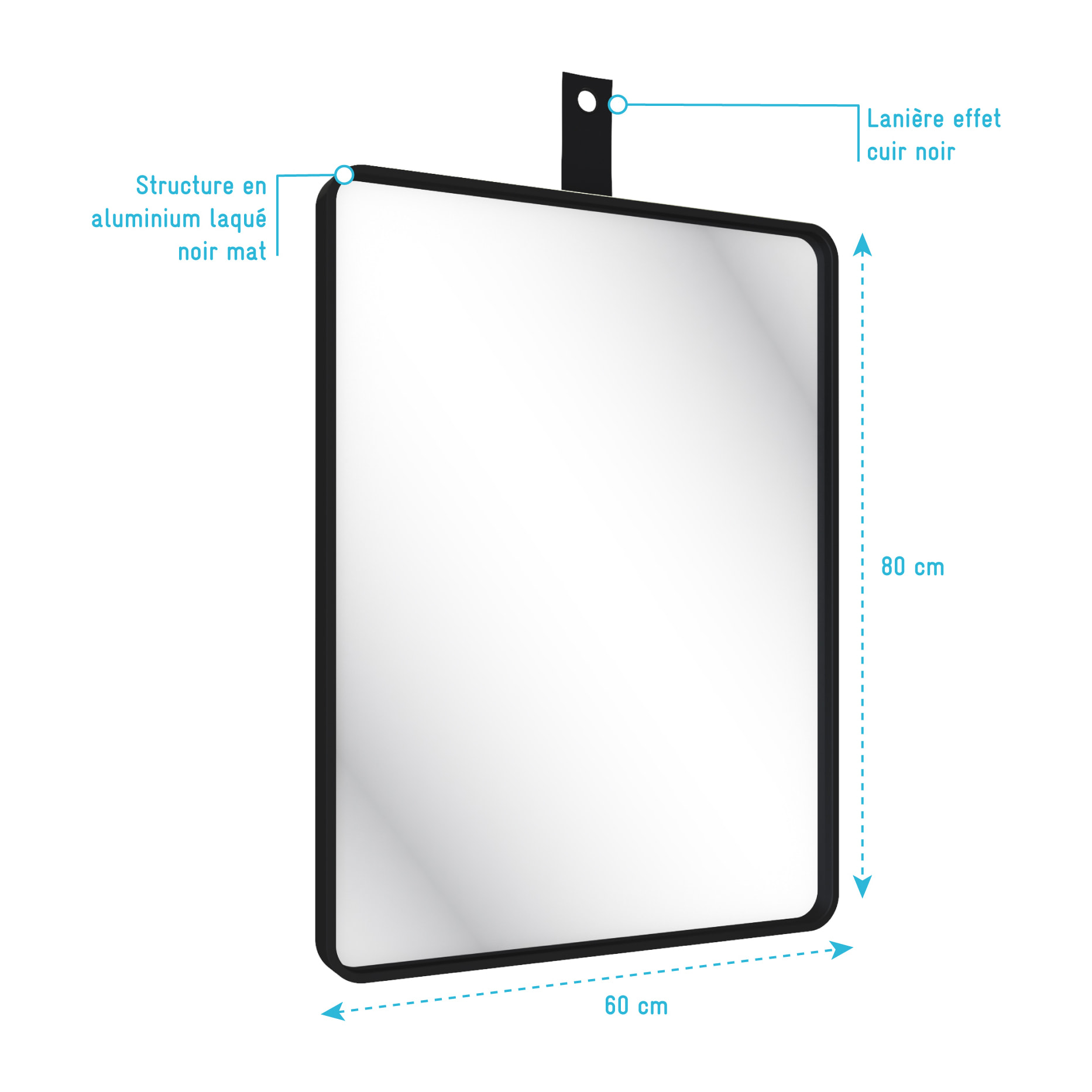 Miroir salle de bain 60x80cm suspendu noir mat - avec lanière effet cuir noir - NORDIK REKTANGEL